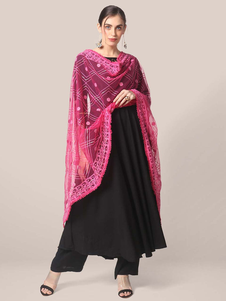 Rani Pink Embroidered Net Dupatta with Sequins Work. freeshipping - Dupatta Bazaar