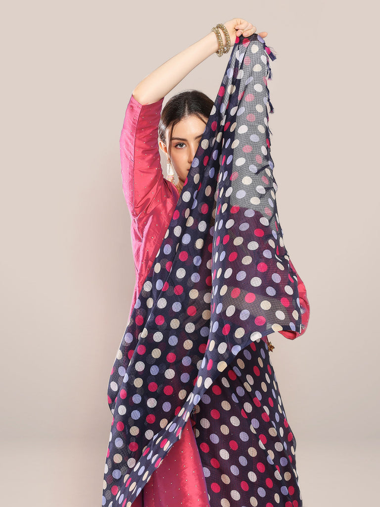 Polka Digital Printed Navy Blue & Pink Kota Doria Dupatta freeshipping - Dupatta Bazaar