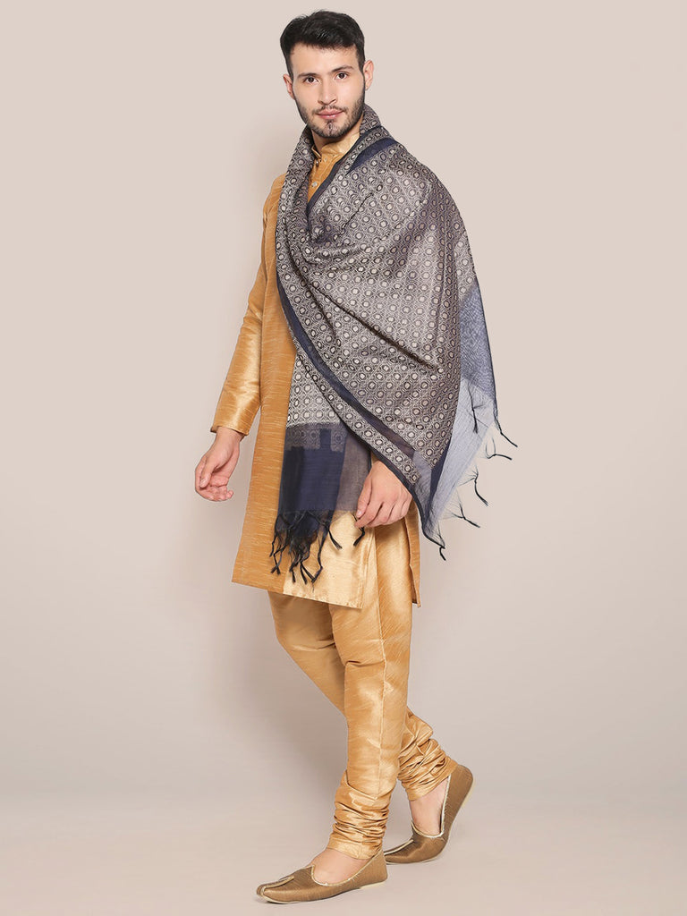 Men's Navy Blue Woven Cotton Chanderi Dupatta. freeshipping - Dupatta Bazaar