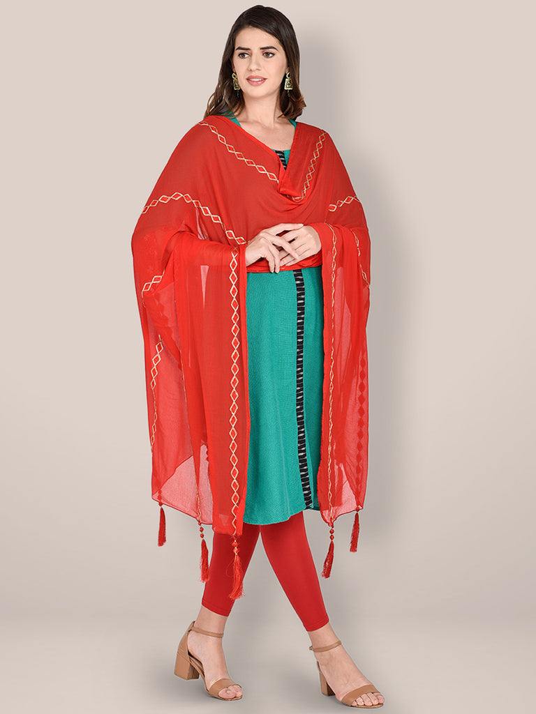 Embroidered Red Chiffon Dupatta. freeshipping - Dupatta Bazaar