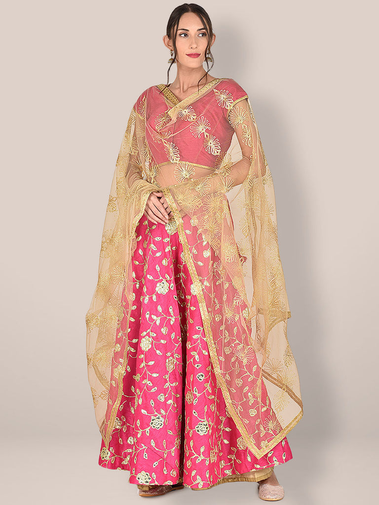 Embellished Gold Net Dupatta with ethnic Zari Motifs freeshipping - Dupatta Bazaar