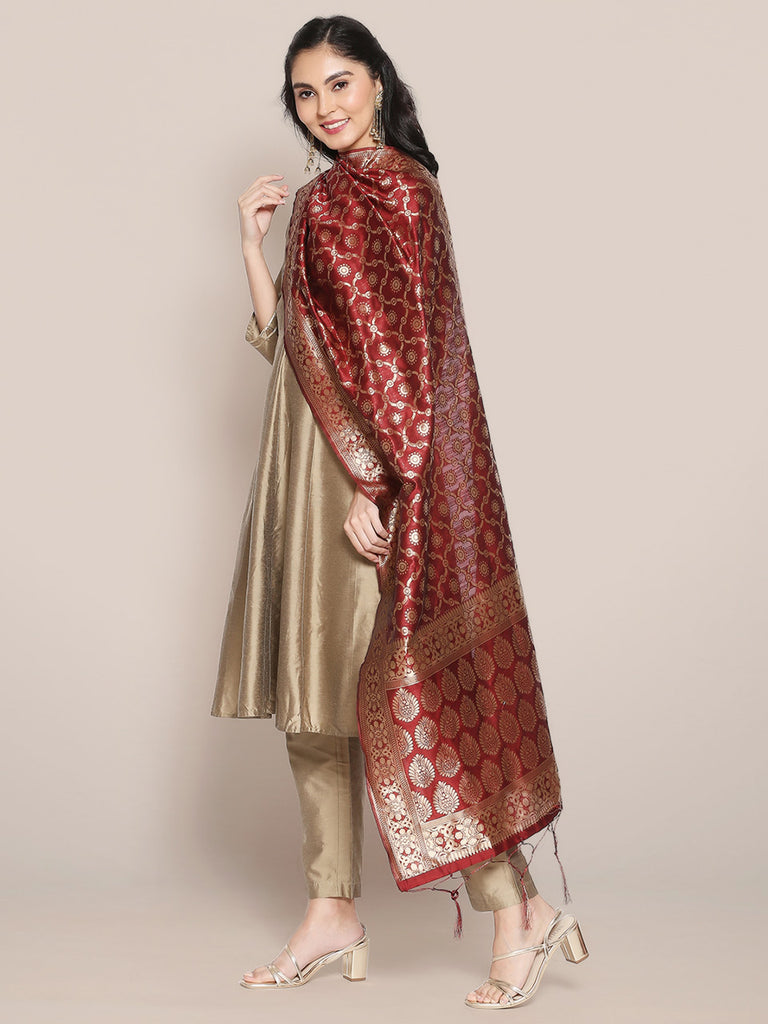 Maroon Banarasi Silk Dupatta with Bhandej design. freeshipping - Dupatta Bazaar