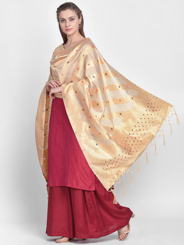 Dupatta Bazaar Woman's Beige Banarasi Silk Dupatta with floral design. - Dupatta Bazaar