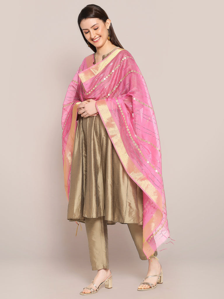 Baby Pink Chanderi Silk Dupatta with Sequins & Gotta Patti freeshipping - Dupatta Bazaar