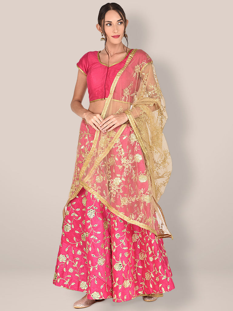 Embroidered Gold Net Dupatta freeshipping - Dupatta Bazaar