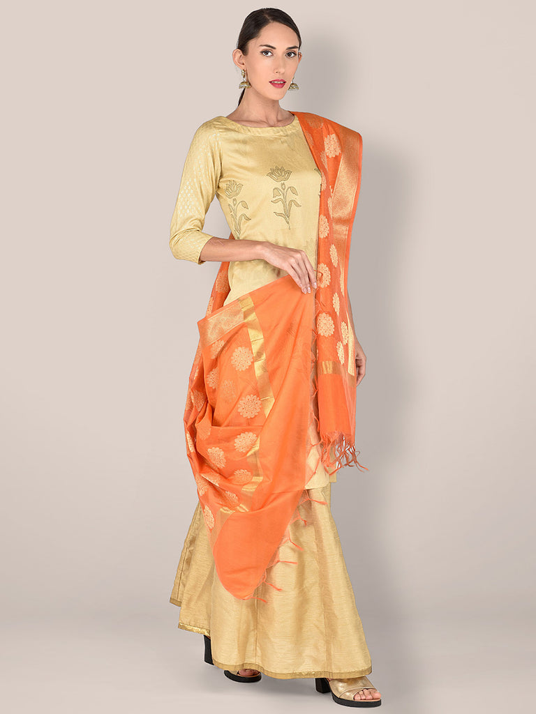 Orange Banarasi Silk Dupatta. freeshipping - Dupatta Bazaar