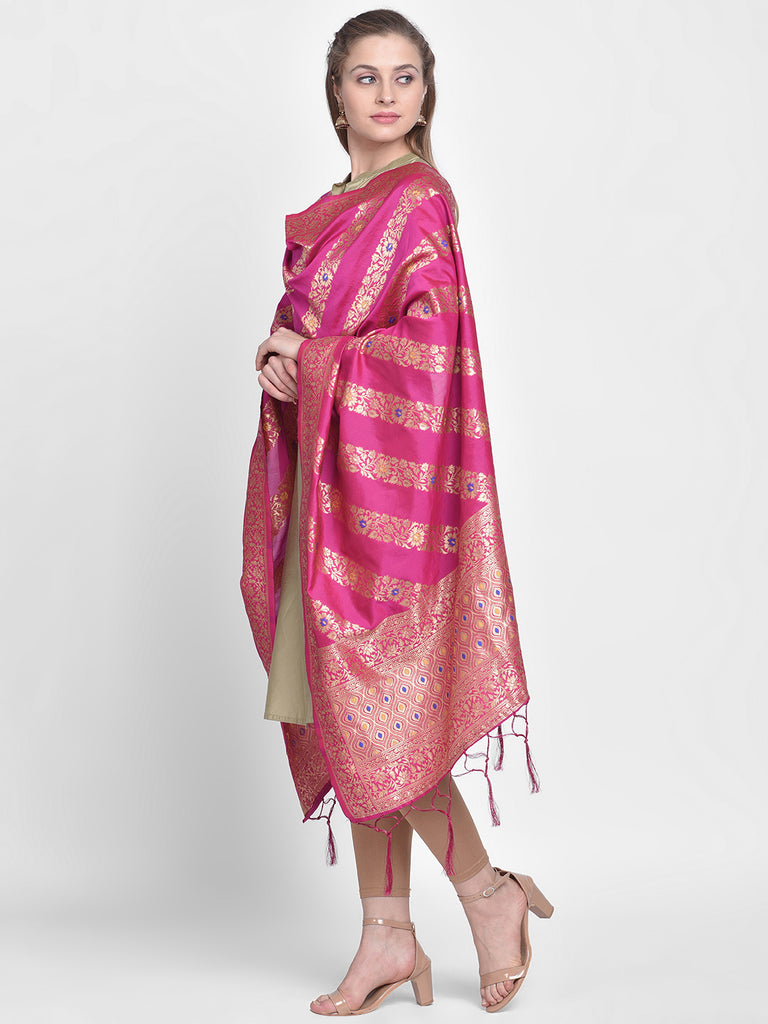 Dupatta Bazaar Woman's Pink Banarasi Silk Dupatta with floral design. - Dupatta Bazaar