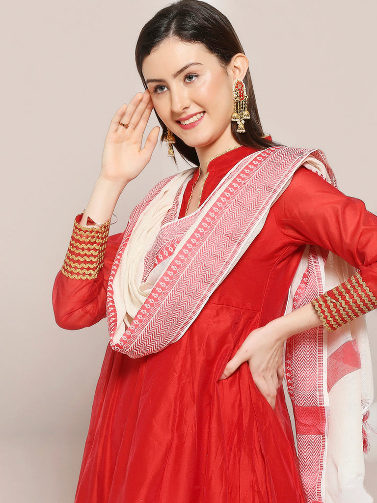 Off White Handloom Cotton Dupatta with Red border freeshipping - Dupatta Bazaar