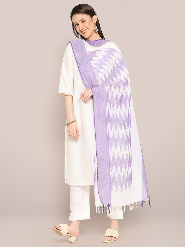 Purple & White Cotton Ikat Dupatta