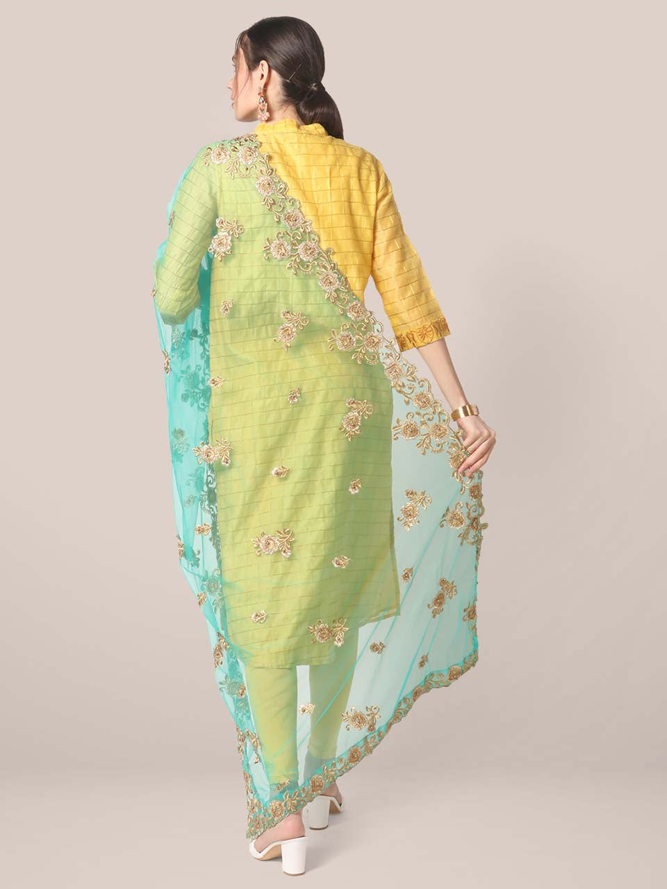 Sea Green Embroidered Net Dupatta With Sequinned main image 0