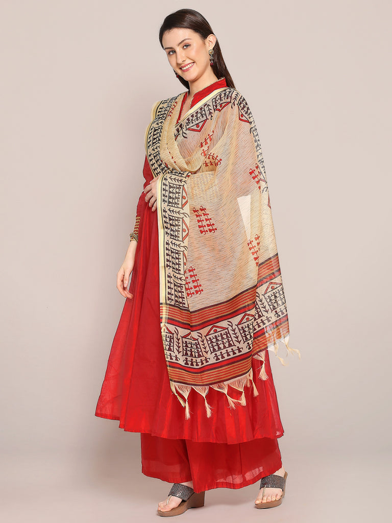 Digital Printed Warli Beige Kota Doria Dupatta freeshipping - Dupatta Bazaar