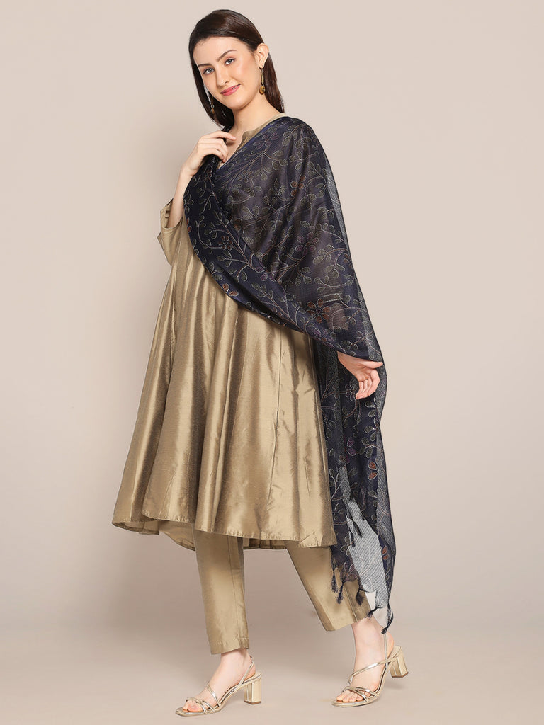 Katha Printed Navy Blue Kota Doria Dupatta freeshipping - Dupatta Bazaar