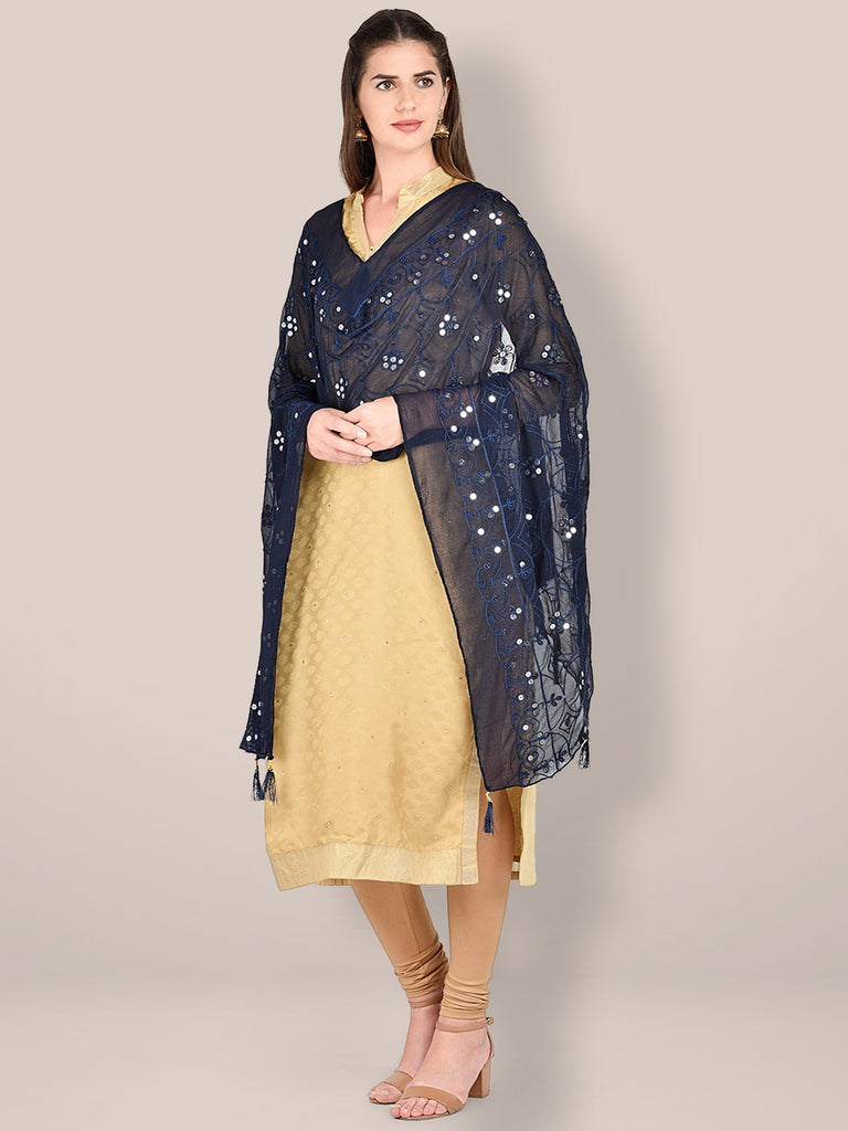 Embroidered Navy Blue Chiffon Dupatta freeshipping - Dupatta Bazaar