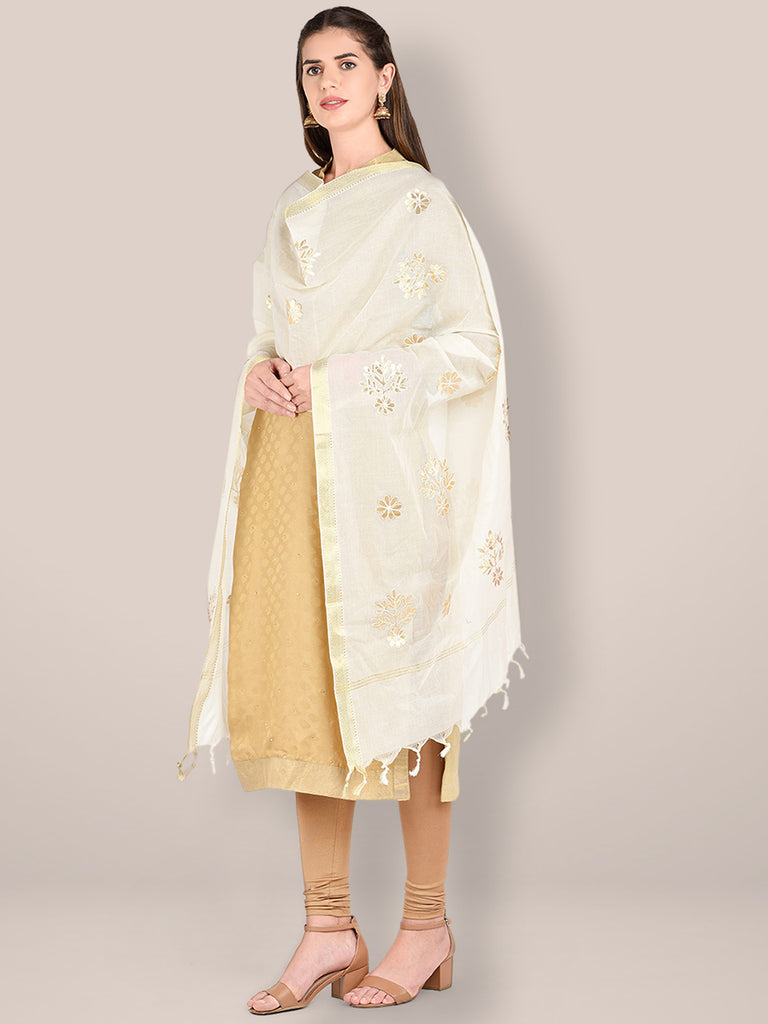 Cream Cotton Dupatta with Gotta Patti Motifs. freeshipping - Dupatta Bazaar