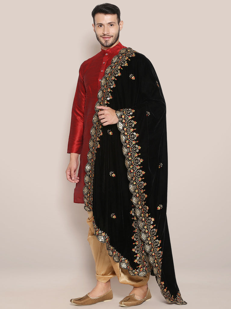 Men's Black Velvet Dupatta with Multicolour Embroidery freeshipping - Dupatta Bazaar