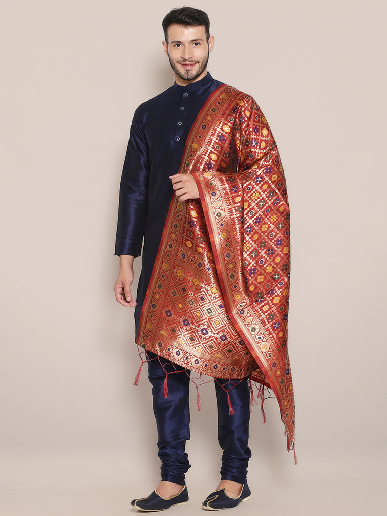 Men's Red Banarasi Silk Dupatta. freeshipping - Dupatta Bazaar