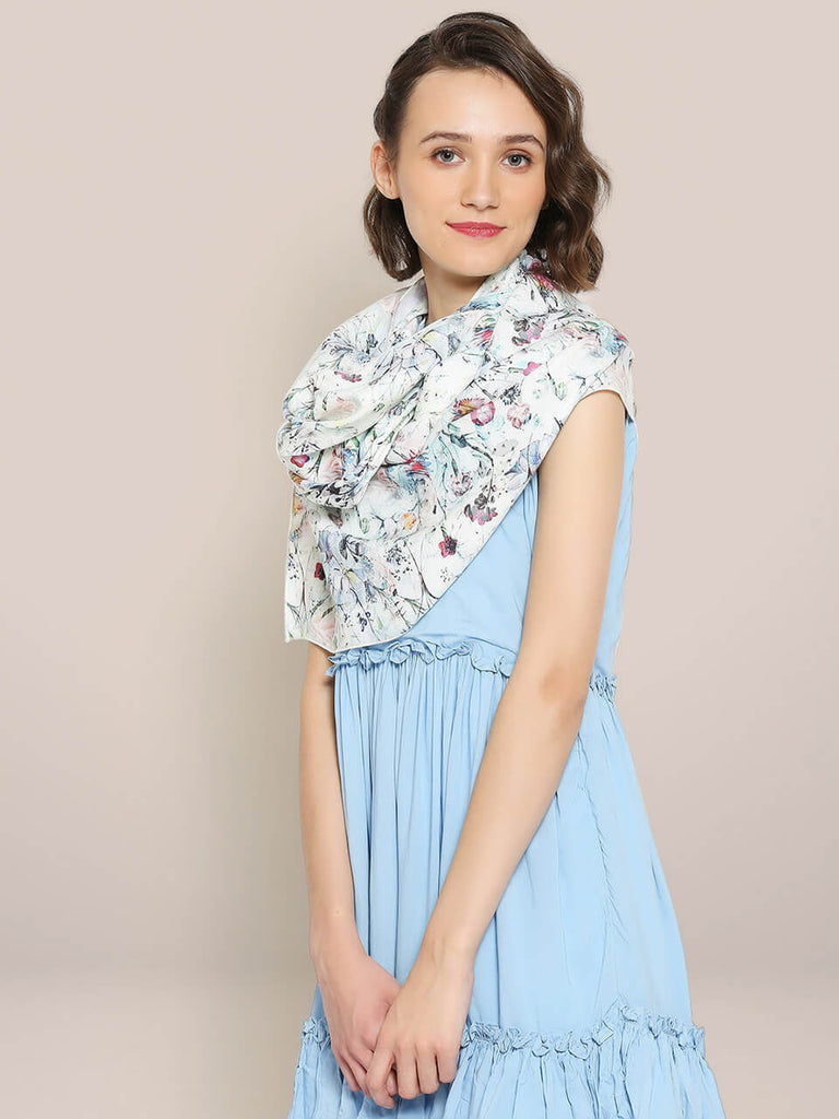 Cream & Multicolour  Printed Pashmina Scarf 