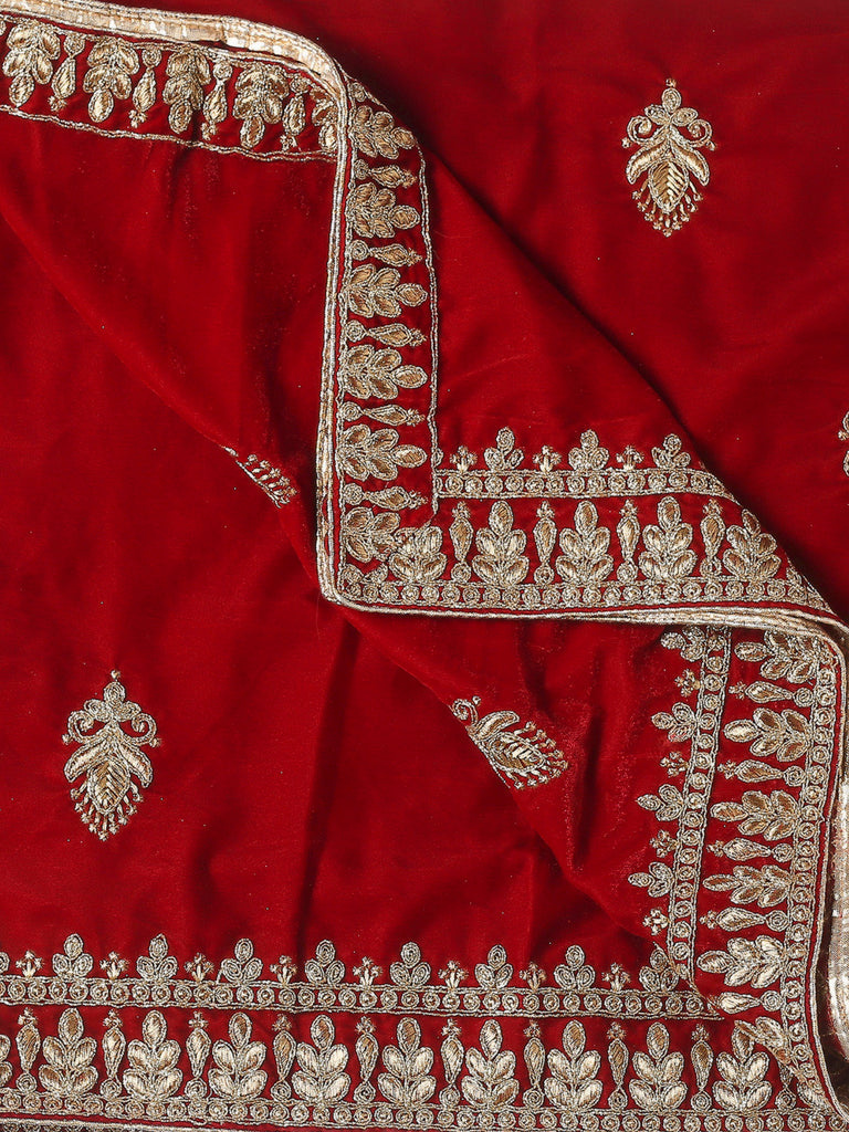 Maroon Kalidaar Silk Velvet Lehenga Choli With Dupatta - Zakarto