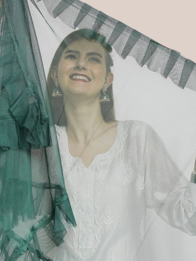 Green Net Dupatta with Ruffles