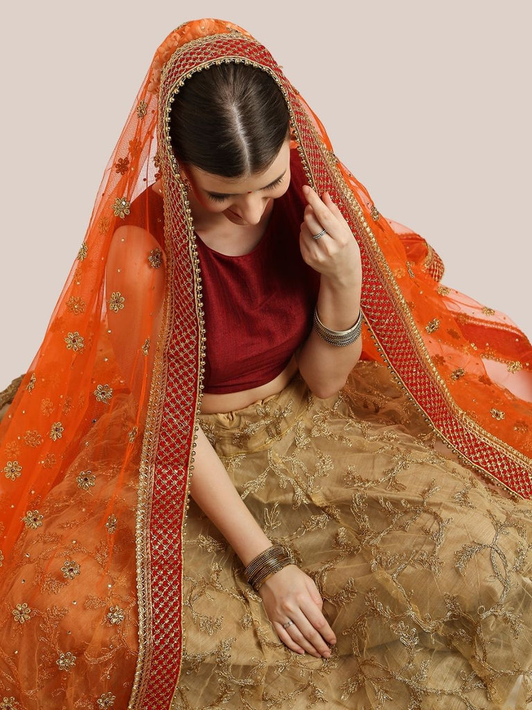 Embroidered Orange Bridal Wedding Wear Net Dupatta Dupatta Bazaar