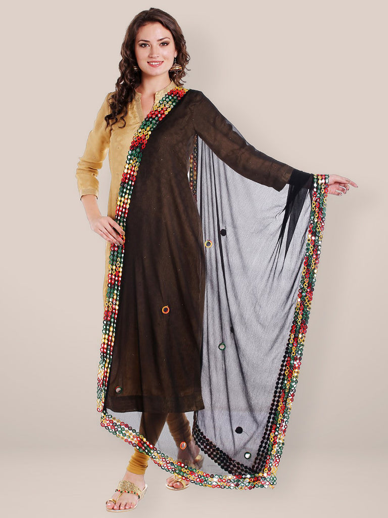 Dupatta Bazaar Women's Black Chiffon Dupatta with Multicoloured Mirror Work freeshipping - Dupatta Bazaar