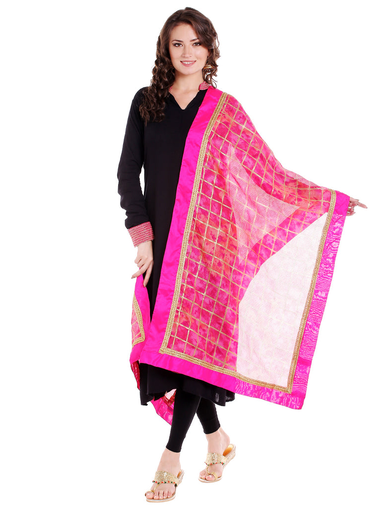 Dupatta Bazaar Women's Pink Gold Kota Doria Dupatta - Dupatta Bazaar