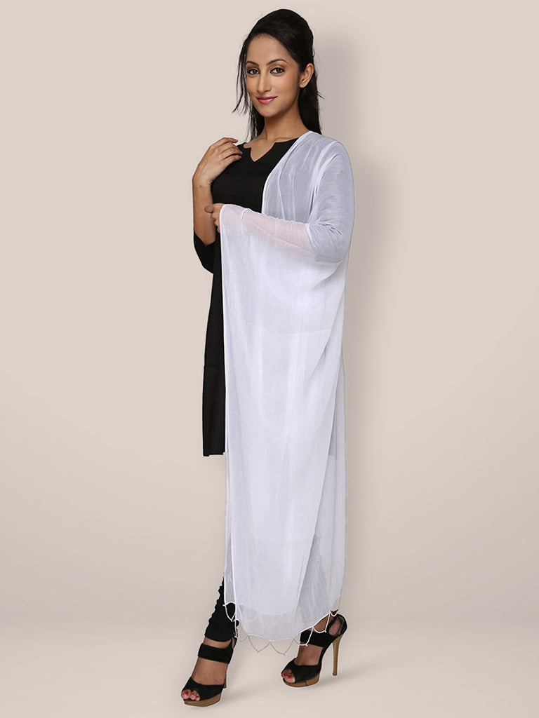 White Chiffon Beaded Lace Dupatta - Dupatta Bazaar