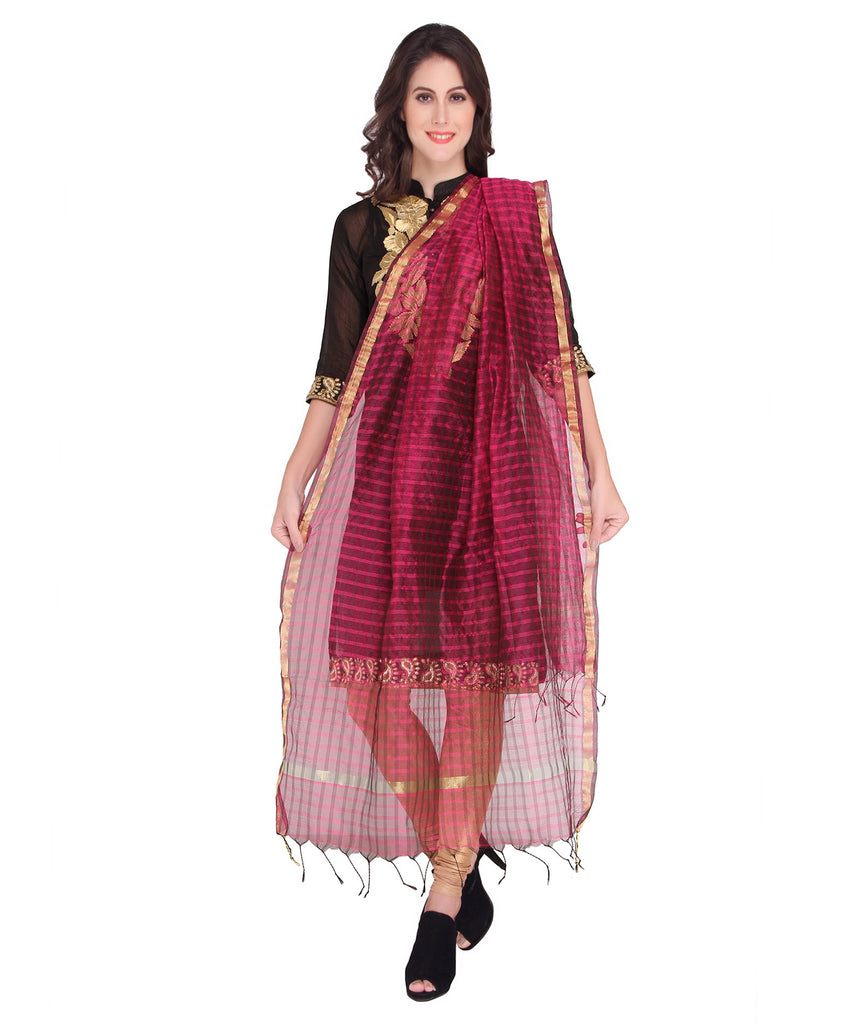 Magenta Silk Checkered Dupatta - Dupatta Bazaar