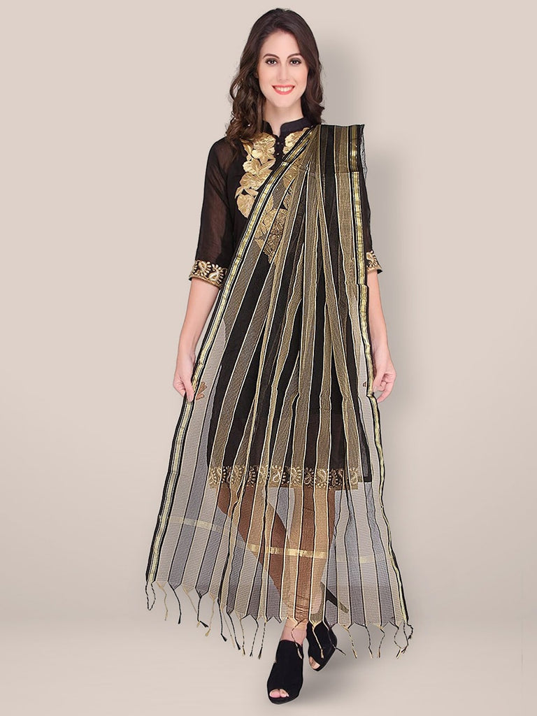 Gold Silk Blend Striped Dupatta - Dupatta Bazaar