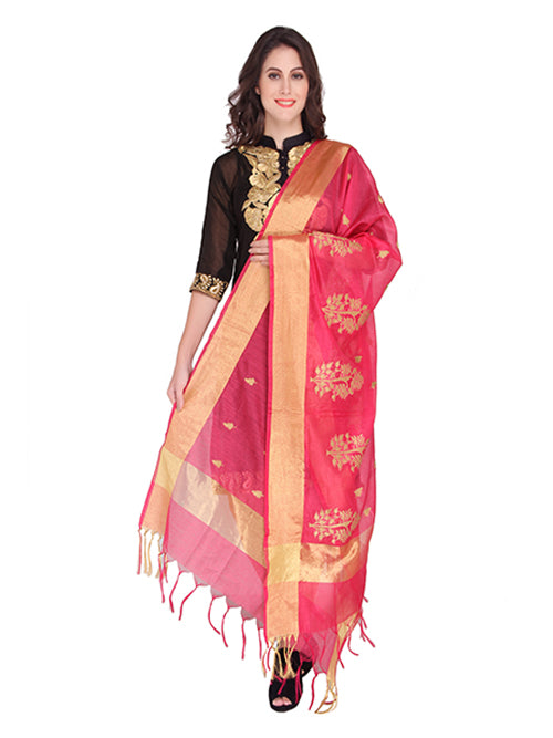 Pink Embroidered Silk Dupatta - Dupatta Bazaar
