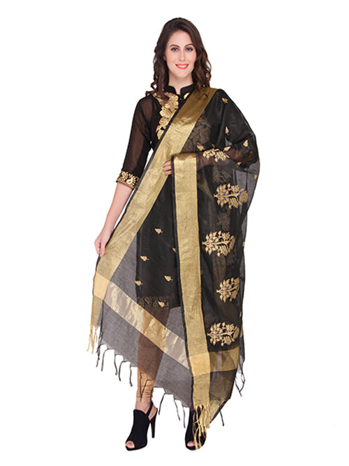 Black & Gold Silk Embroidery  Dupatta - Dupatta Bazaar