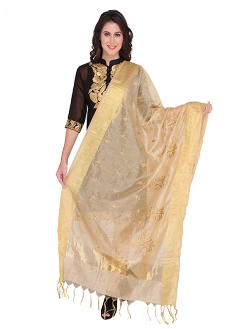 Beige Gold Embroidery Silk Dupatta - Dupatta Bazaar