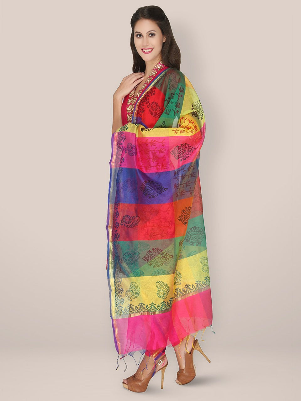 Teal Printed Silk Blend Dupatta main image 1