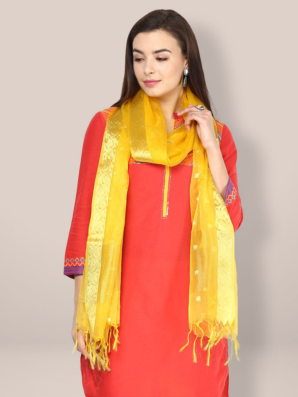 Mustard Yellow organza Dupatta with Red Embroidered Border main image 1