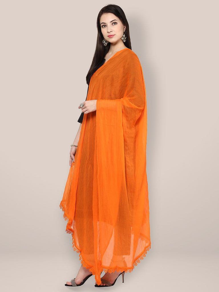 Designer Orange Chiffon Dupatta with All-Over Floral and Vine Embroidery