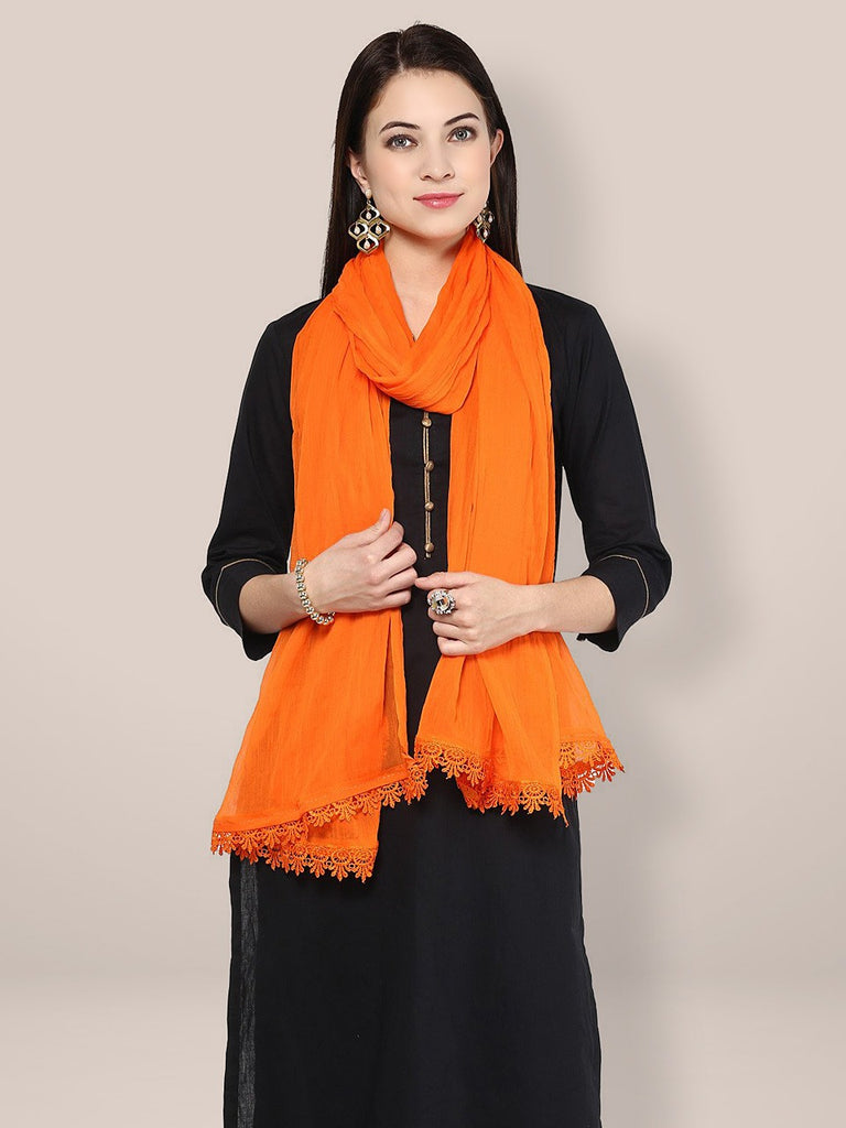 Orange Chiffon Dupatta with lace freeshipping - Dupatta Bazaar