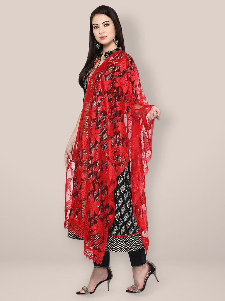Red Floral Net Dupatta freeshipping - Dupatta Bazaar