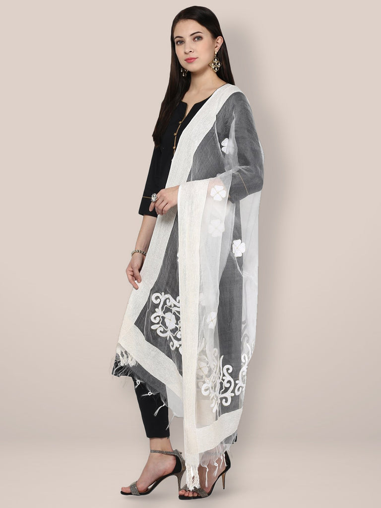 White Organza Dupatta With Embroidered Motifs freeshipping - Dupatta Bazaar