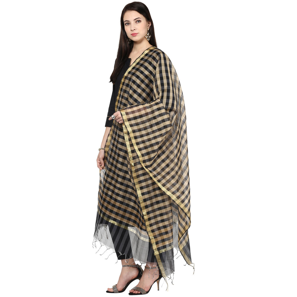 Dupatta Bazaar Women's Checkered Black & Gold Silk Dupatta - Dupatta Bazaar