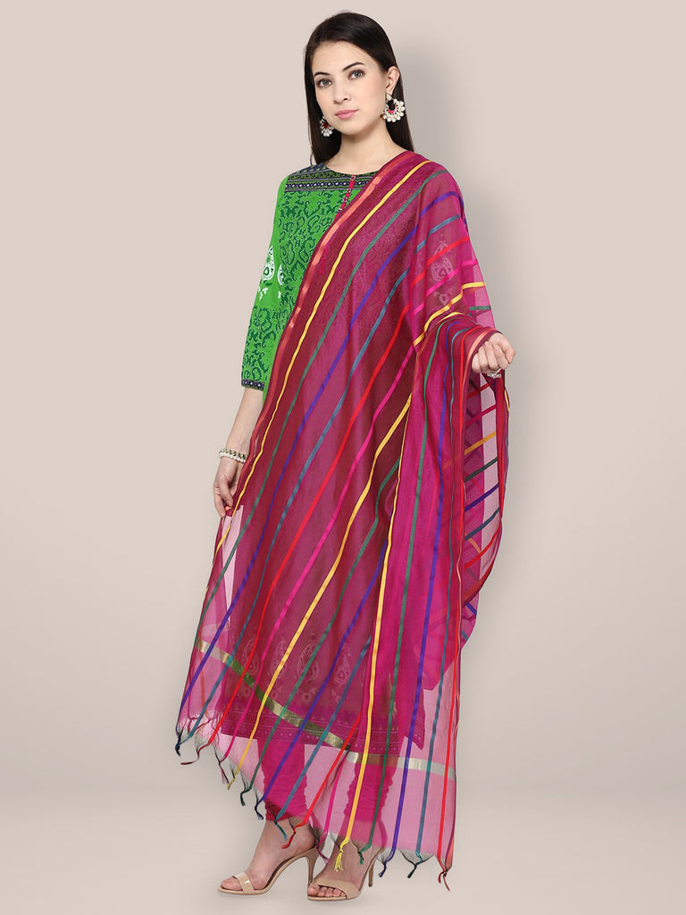 Magenta Cotton Silk Dupatta With Multicoloured Stripes freeshipping - Dupatta Bazaar