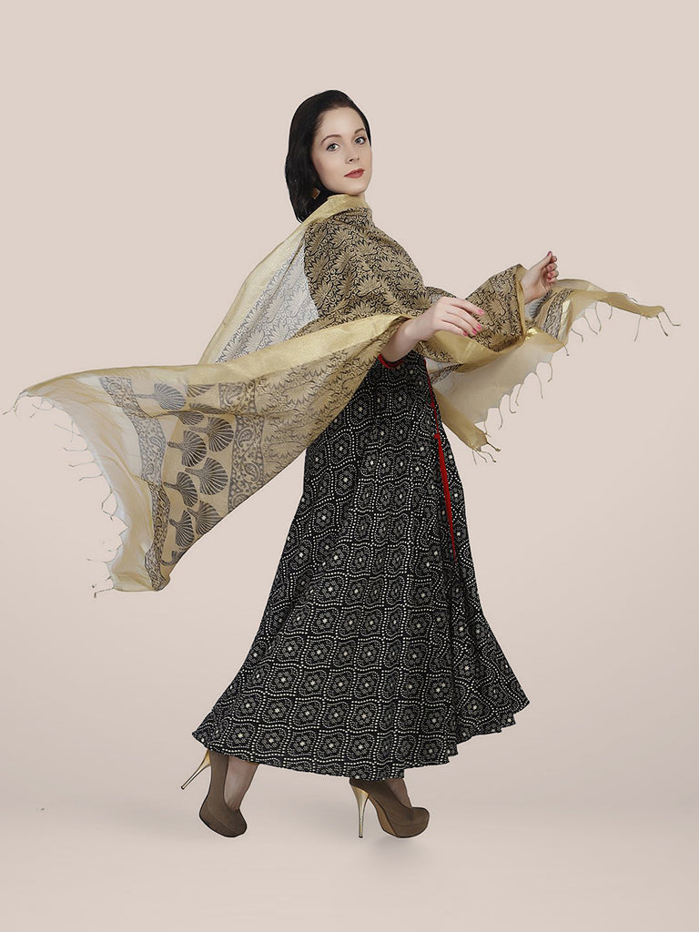 Gold & Black Cotton Silk Printed Dupatta freeshipping - Dupatta Bazaar