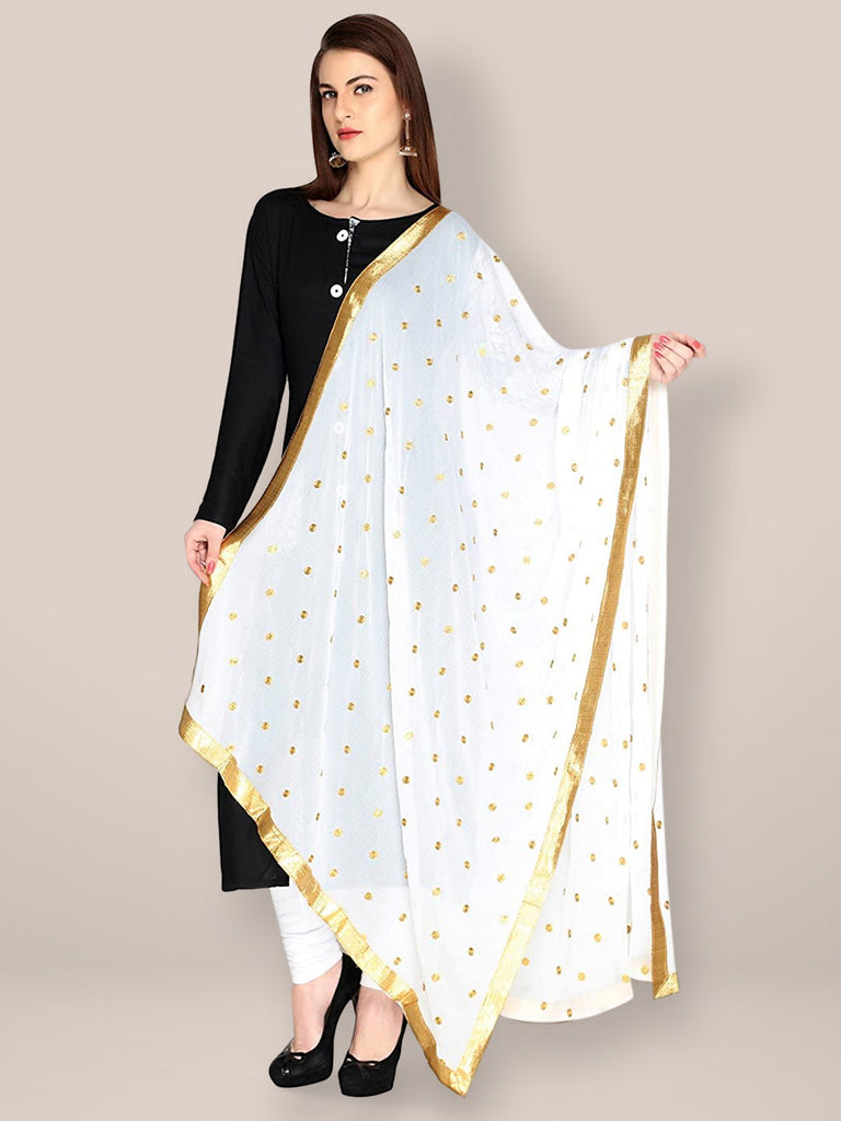 White Chiffon Dupatta with Gold Embroidery and Lace freeshipping - Dupatta Bazaar