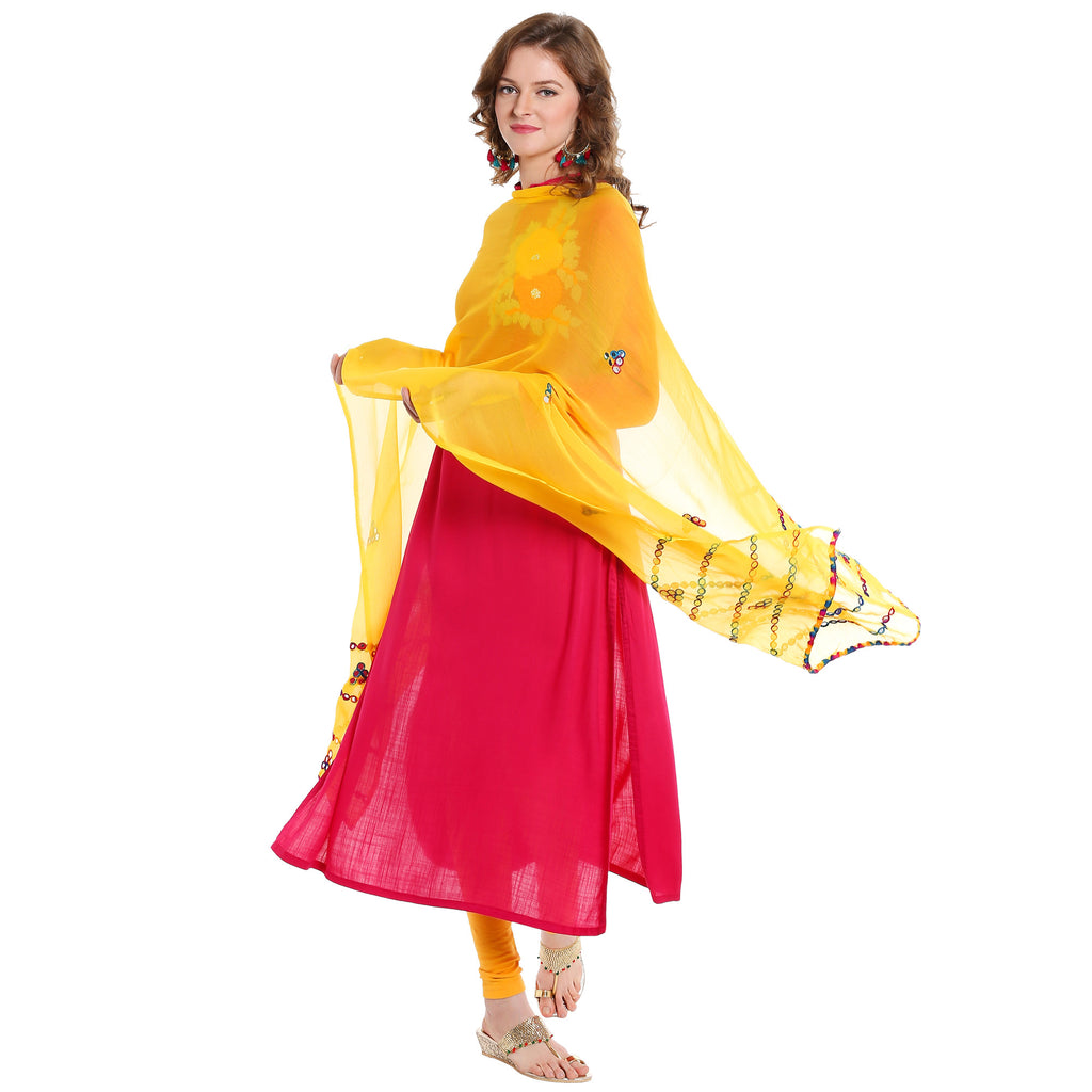 Dupatta Bazaar Women's Yellow Mirror Work Chiffon Dupatta - Dupatta Bazaar
