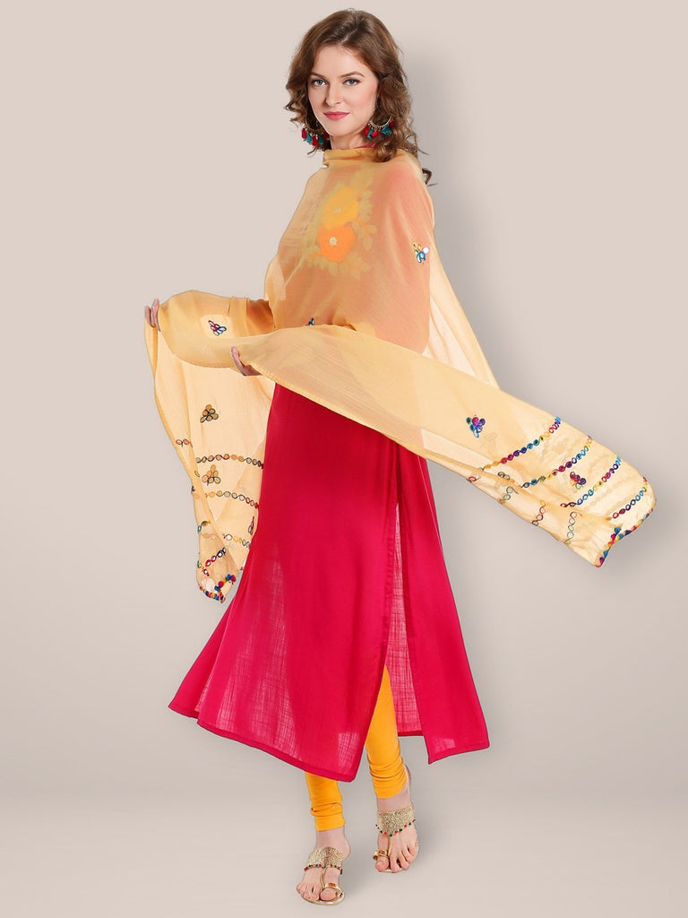 Beige Mirror Work Chiffon Dupatta freeshipping - Dupatta Bazaar