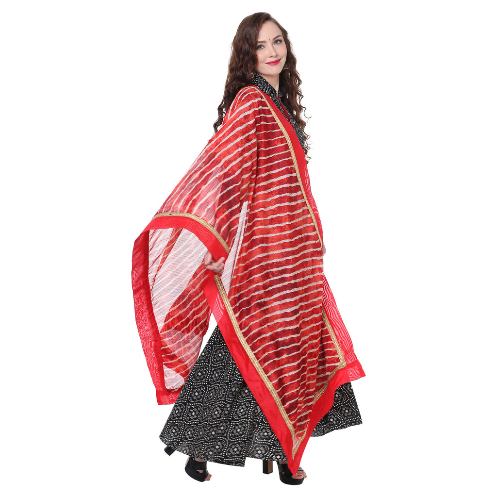 Red Kota Doria Leharia Dupatta - Dupatta Bazaar