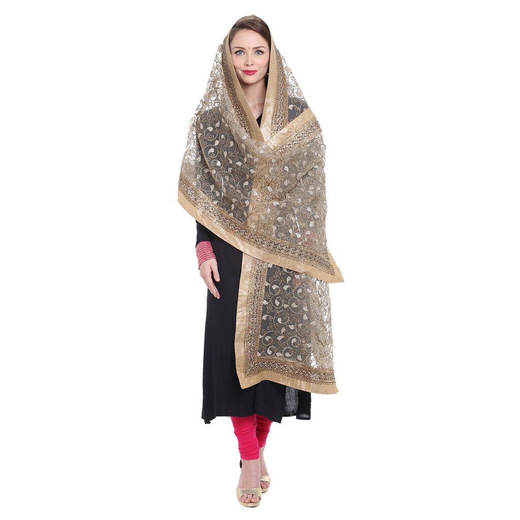 Embroidered Gold Net Dupatta - Dupatta Bazaar