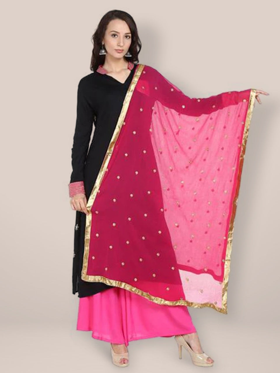 Dupatta (écharpe) Chunnat Rose Et Or Brillant - Taille M - Neuf Sans étiquettes
