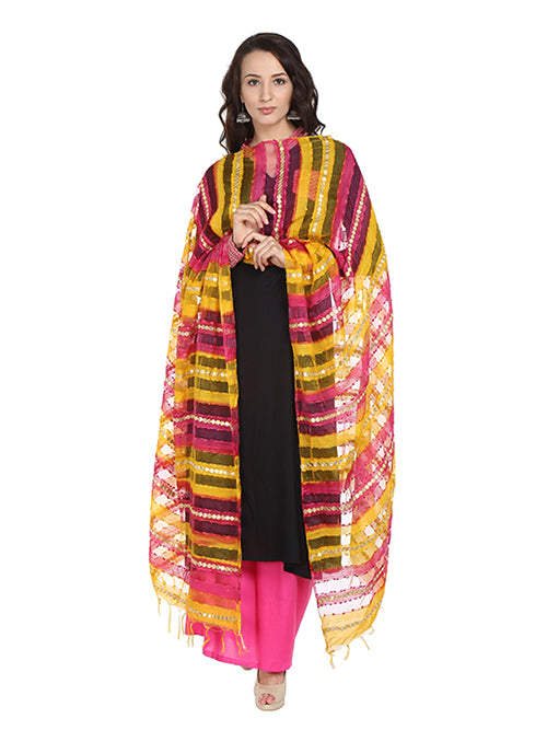 Dupatta Bazaar Woman's Pink & Yellow Gotta Patti Organza Dupatta - Dupatta Bazaar