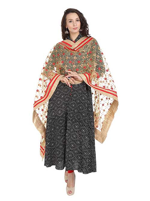 Dupatta Bazaar Women's Embroidered Gold & Red Net Dupatta/Wedding Dupatta - Dupatta Bazaar