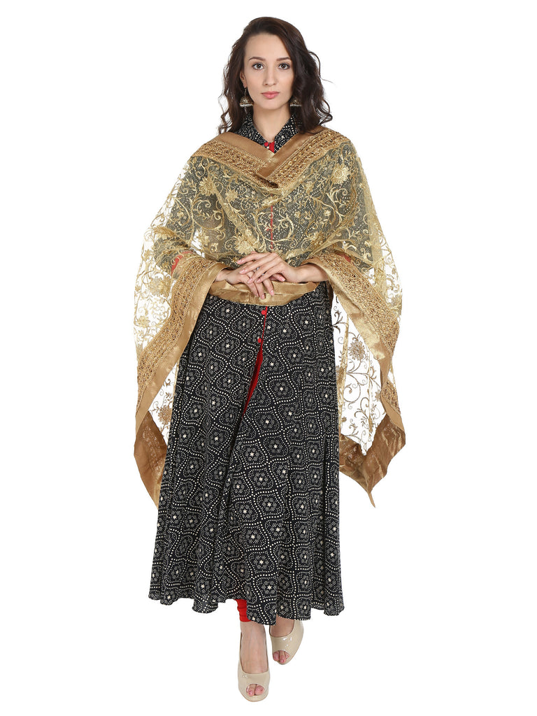 Dupatta Bazaar Women's Embroidered Gold Net Dupatta/Wedding Dupatta - Dupatta Bazaar